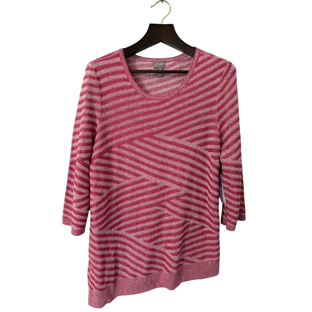 Chicos Mingle Splice Pink Sand Striped Scoop Neck Sweater Size 3/XL Asymmetrical
